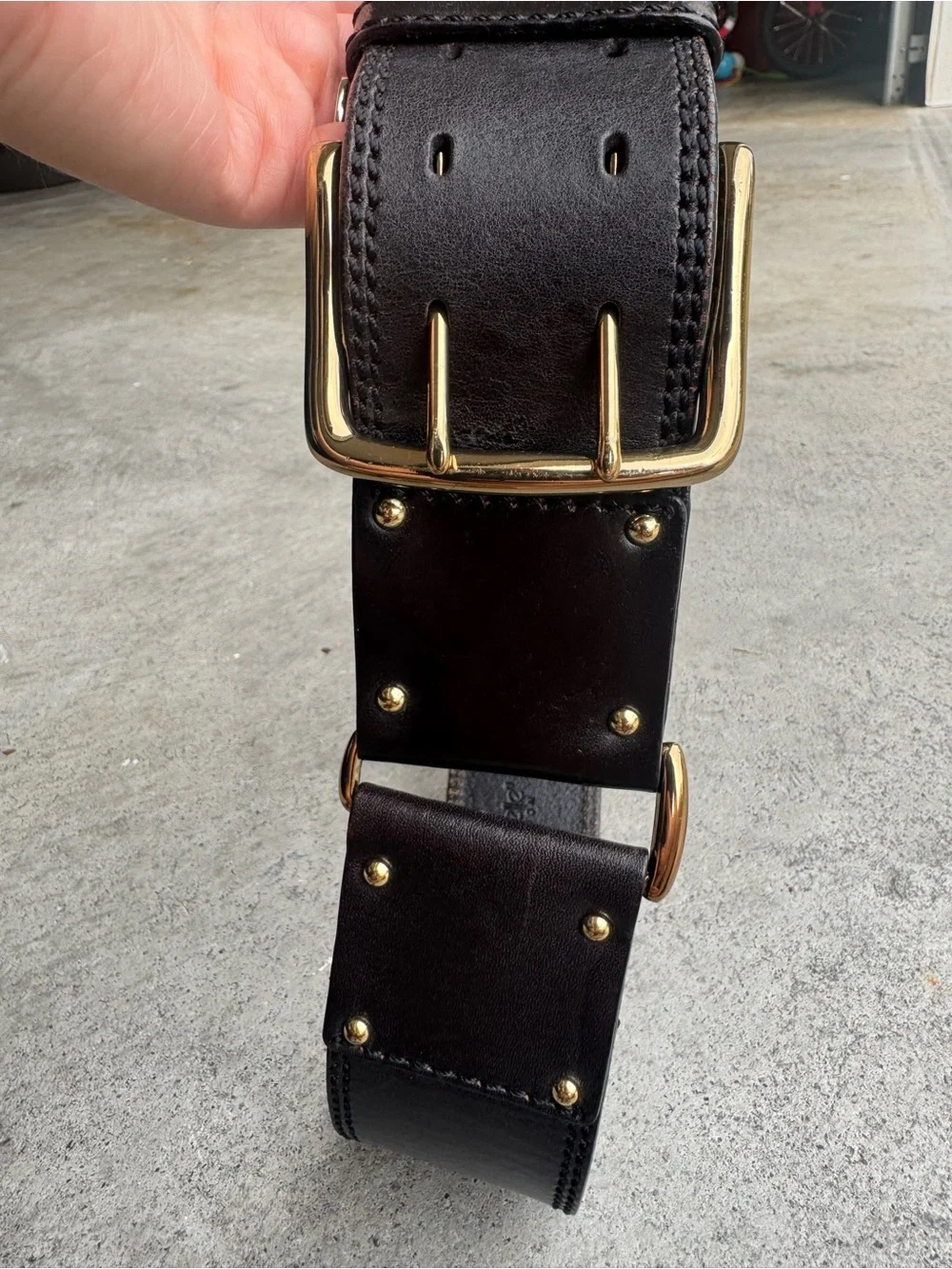 Linea Pelle Wide Dark Brown Leather Belt with Gold-Tone Hardware L 30-34” Y2K